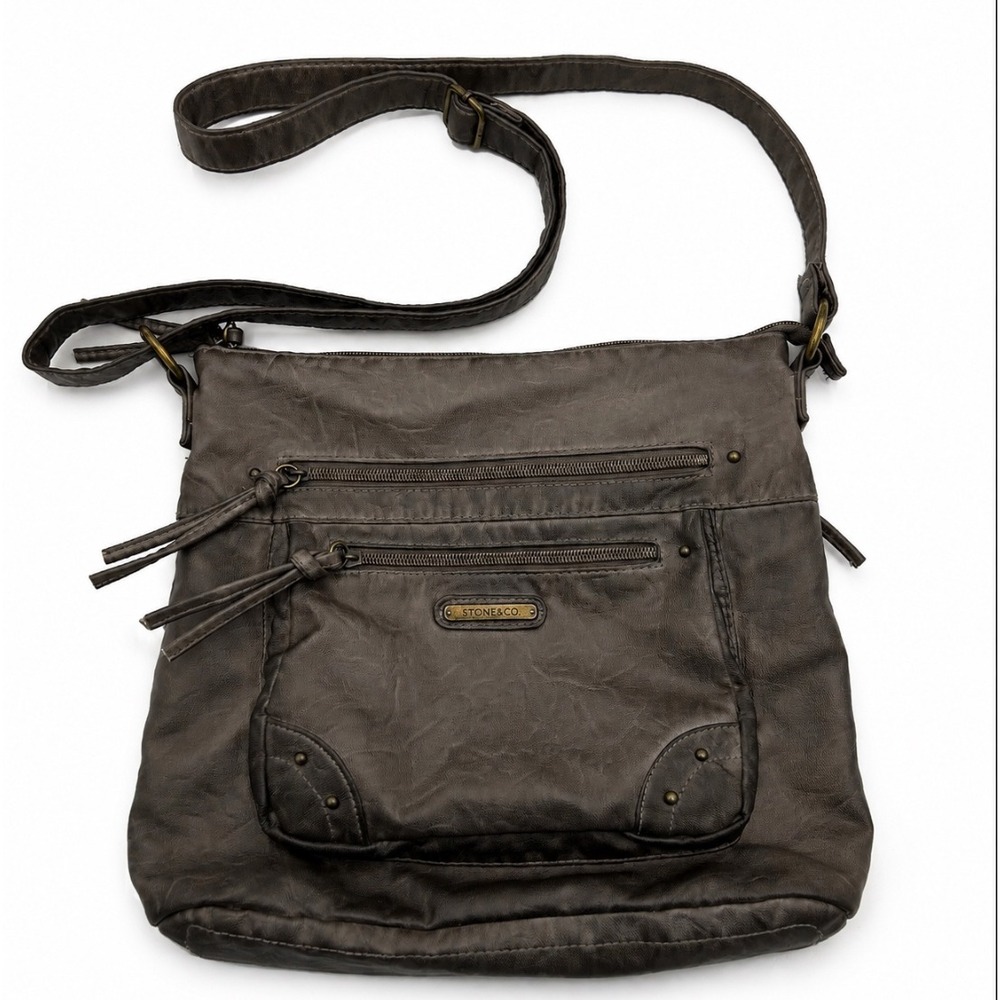 Faux Leather Crossbody Bag Purse Multi Zip Pockets Studs Boho Casual Gray Taupe
